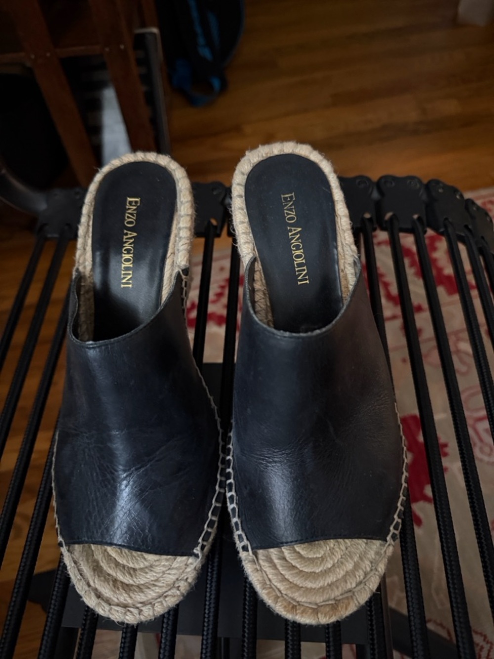 Enzo Angiolini Black Leather Espadrille Mules